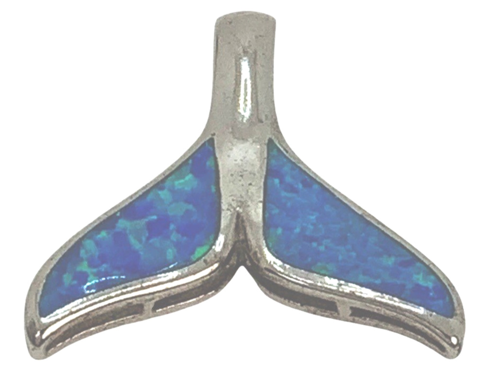 Silver Whale Tail Pendant Blue Opal Inlay Ocean Charm Jewelry Sterling Silver